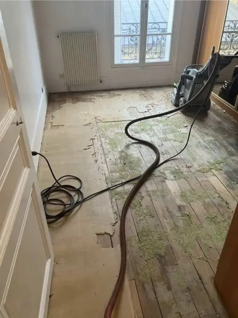 Parquet très abîmé avant rénovation — rue Gerbert, Paris 15e